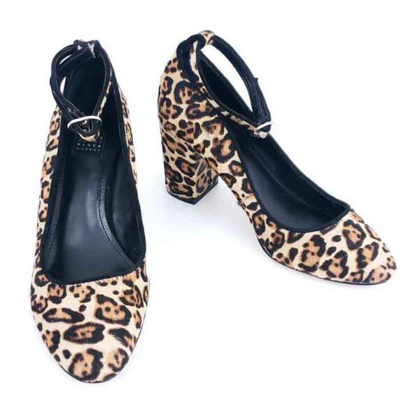 WHBM Bethenny Leopard Chunky Heels Calfhair Animal Print 6.5M Ankle Strap - Picture 1 of 6